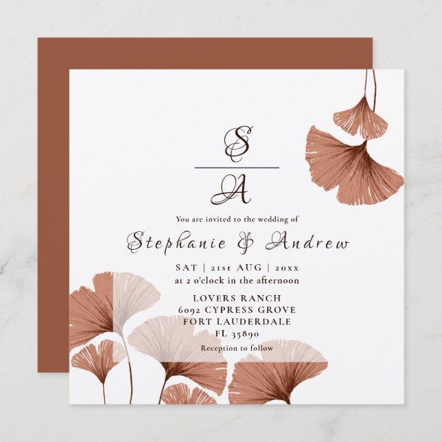 Elegant Terracotta Ginkgo Foliage Wedding Invitation (Front/Back)