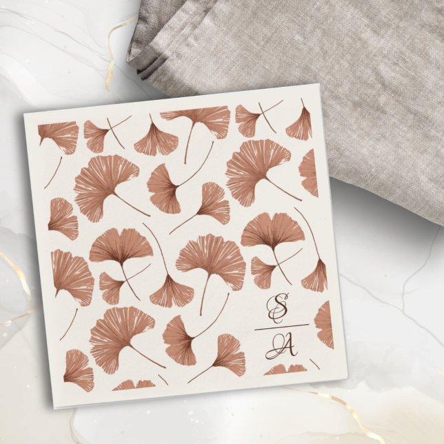 Elegant Terracotta Ginkgo Pattern Monogram Wedding Napkin (Creator Uploaded)