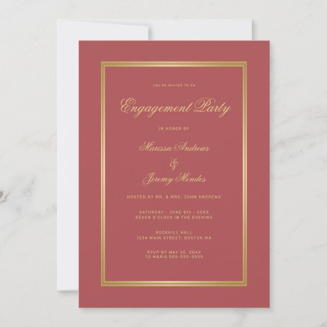 Elegant Terracotta Gold Script Engagement Party Invitation (Front)