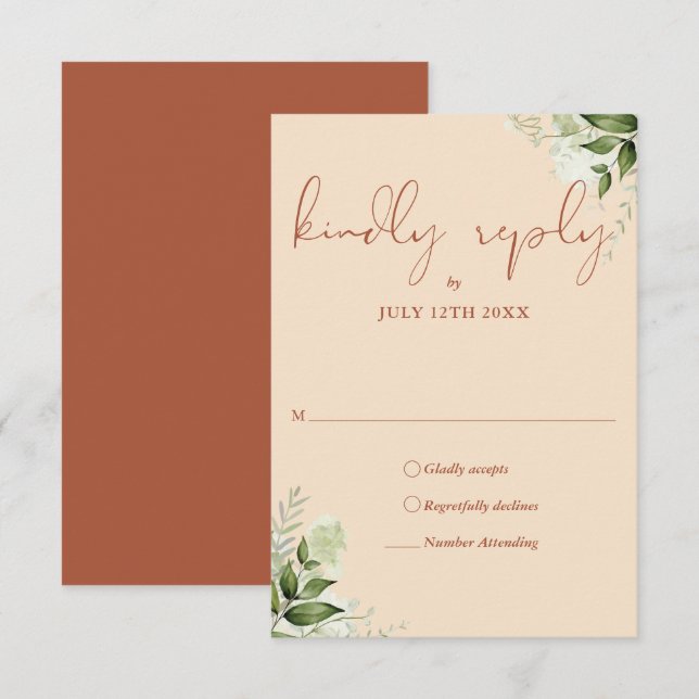 Elegant Terracotta Greenery Floral Wedding RSVP Card (Front/Back)