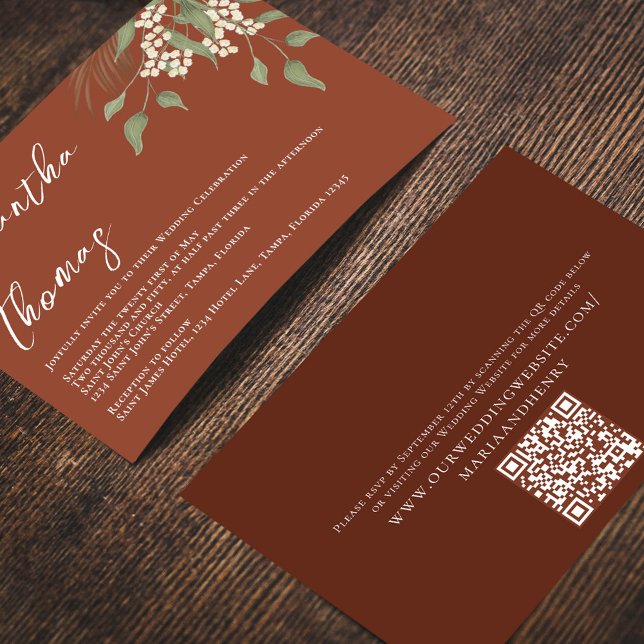 Elegant Terracotta Greenery Foliage Leaves  Invitation (Terracotta elegant wedding invitation with a QR code for easy wedding details sharing. )