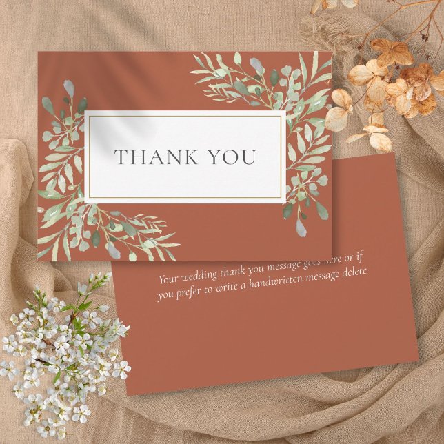 Elegant Terracotta Greenery Leaves Wedding Thank You Card (Elegant Terracotta Greenery Leaves Wedding Thank You Card)