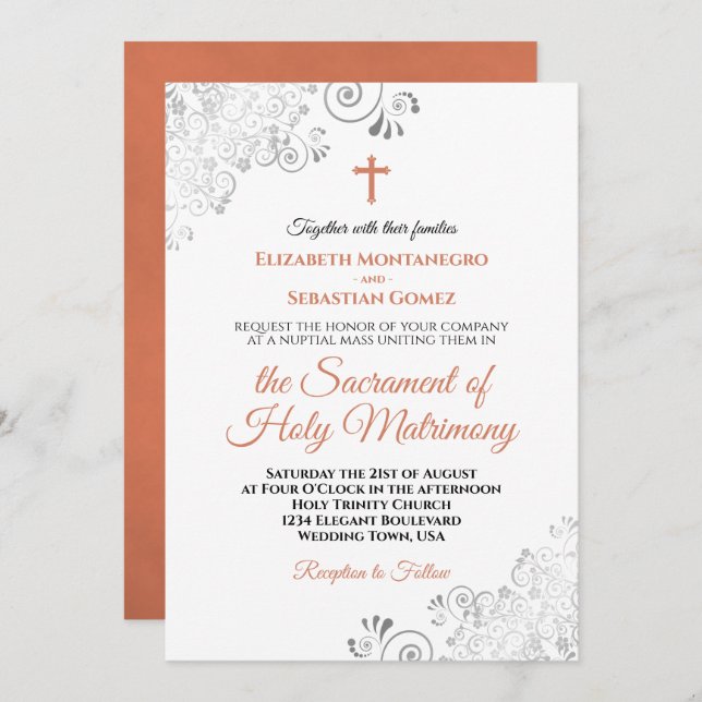 Elegant Terracotta & Grey Modern Catholic Wedding Invitation (Front/Back)