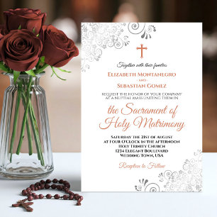 Elegant Terracotta & Grey Modern Catholic Wedding Invitation