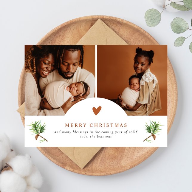 Elegant Terracotta Heart Pines 2 Photo Christmas Holiday Card (Creator Uploaded)