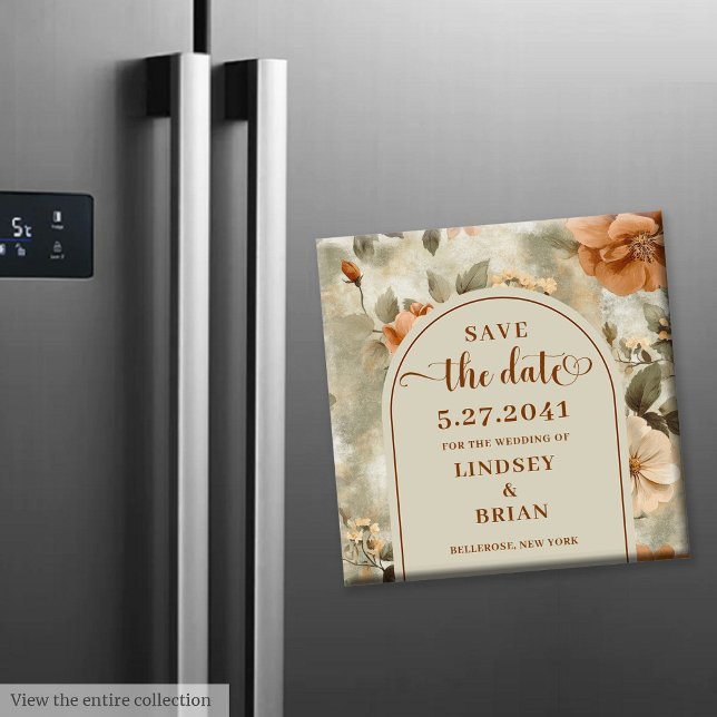 Elegant Terracotta Ivory Sage Floral Save the Date Magnet (The most trendy wedding color scheme is terracotta, and this elegant boho Save the Date magnet captu)