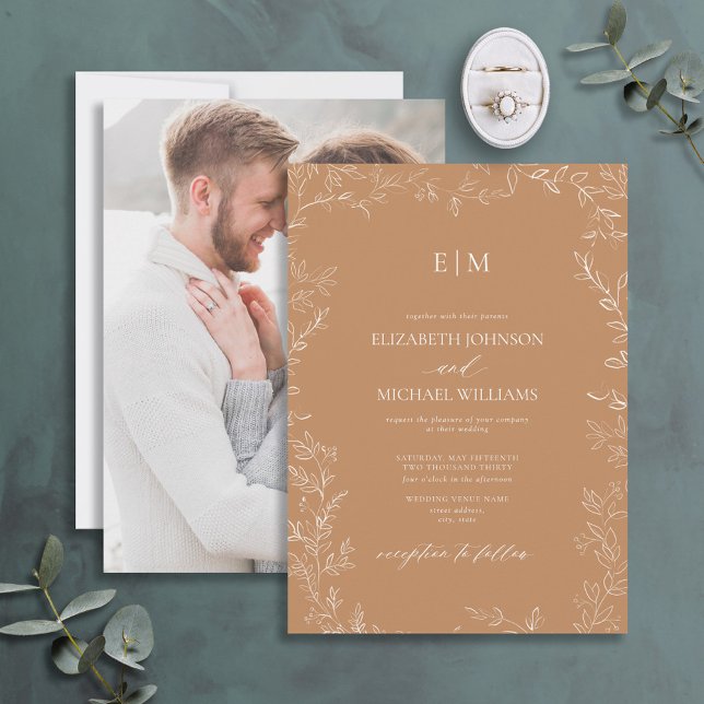 Elegant Terracotta Leaf Photo Monogram Wedding Invitation (Creator Uploaded)