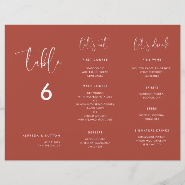 Elegant Terracotta Menu & Table number trifold (Front)