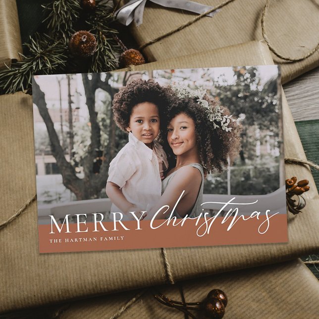Elegant Terracotta Merry Christmas Floral Photo Holiday Card (Creator Uploaded)