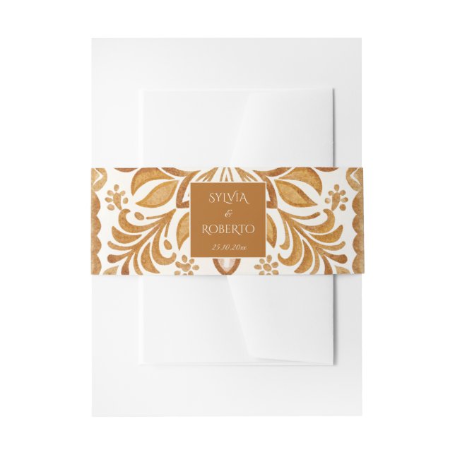 Elegant Terracotta Mexican Talavera wedding Invitation Belly Band (Front Example)