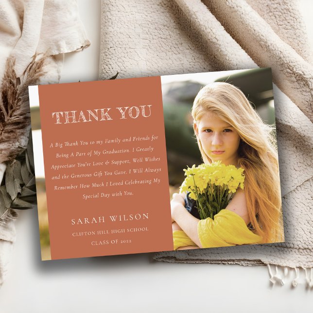 Elegant Terracotta Minimal Clean Photo Graduation Thank You Card (Creator Uploaded)