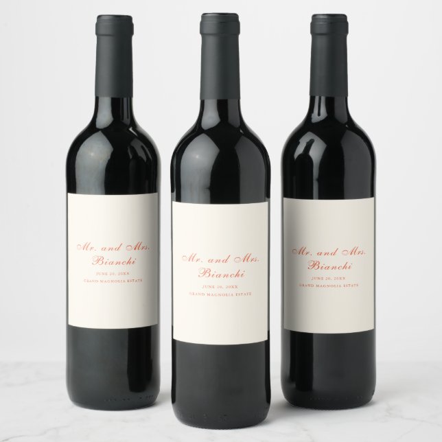 Elegant Terracotta Modern Classic Wedding Wine Label (Bottles)