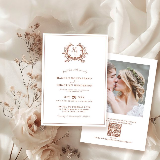 Elegant Terracotta Monogram Crest QR Code Wedding Invitation (Creator Uploaded)
