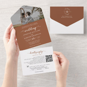 Elegant Terracotta Monogram QR Code Photo Wedding All In One Invitation