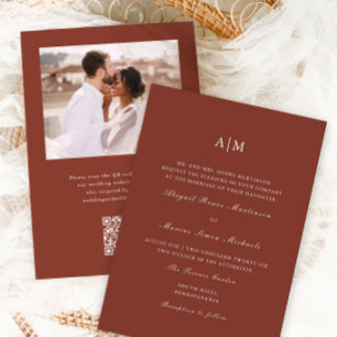 Elegant Terracotta Monogram QR Rsvp Photo Wedding Invitation
