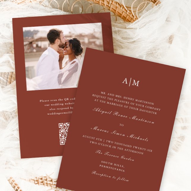 Elegant Terracotta Monogram QR Rsvp Photo Wedding Invitation (Creator Uploaded)