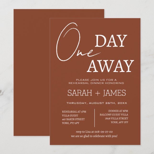  Elegant Terracotta One Day Away Rehearsal Dinner  Invitation (Front/Back)
