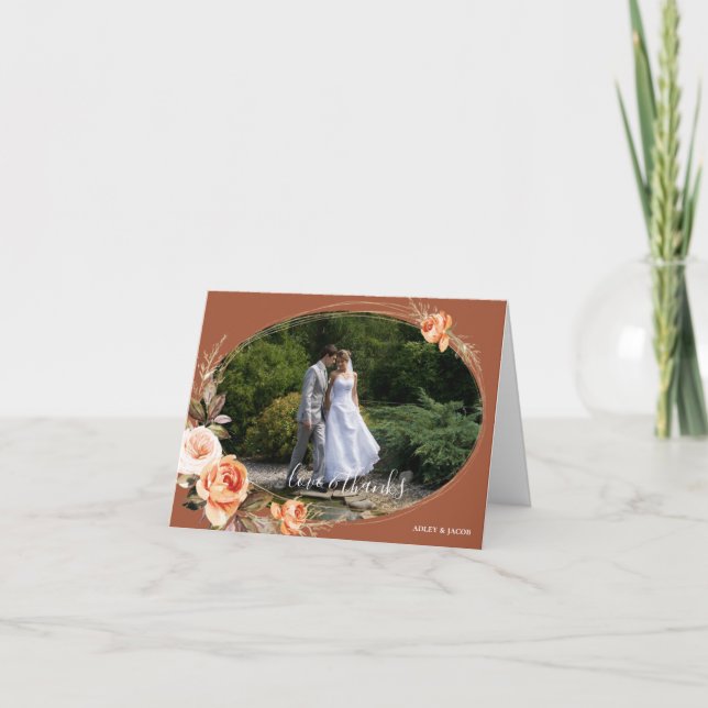 Elegant Terracotta Photo Boho Floral Fall Wedding Thank You Card (Front)