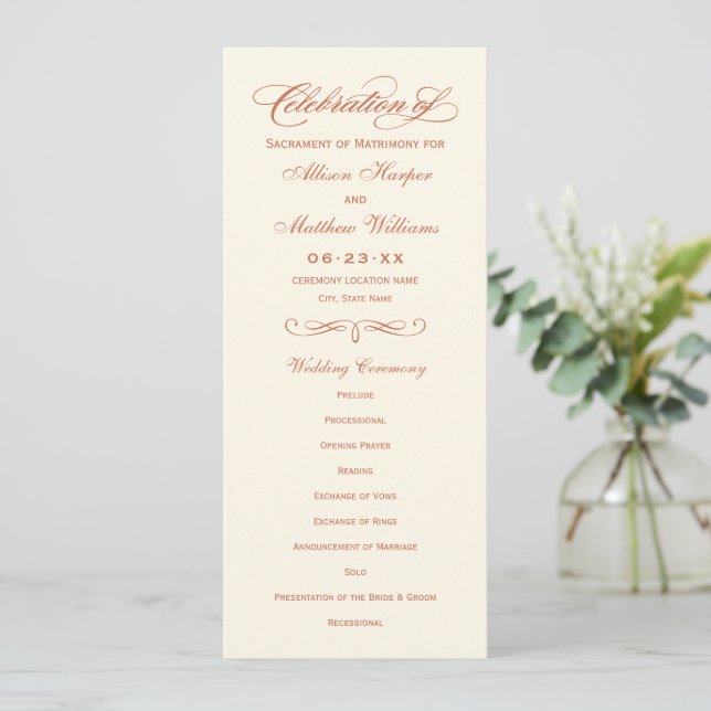 Elegant Terracotta Script Wedding Ceremony Program (Standing Front)