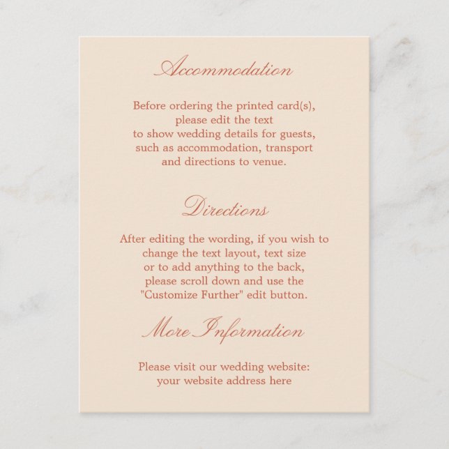 Elegant Terracotta Script Wedding Details Card (Front)