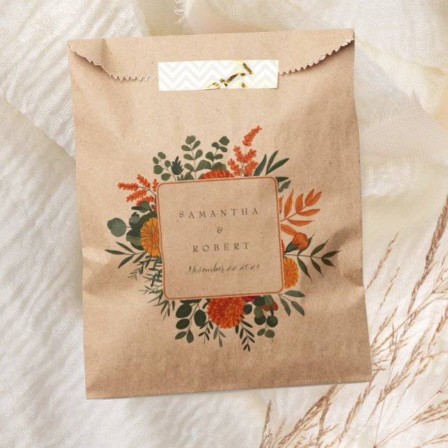 Elegant Terracotta Teal Fall Floral Border Wedding Favour Bag (Creator Uploaded)