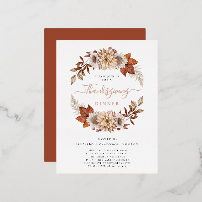 Elegant Terracotta Thanksgiving Dinner Foil Invitation Postcard (Front/Back)