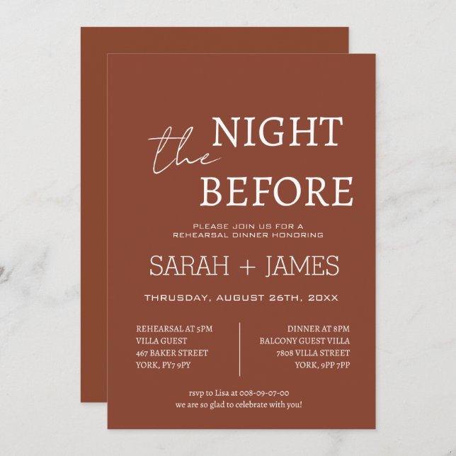 Elegant Terracotta the Night Before Dinner Wedding Invitation (Front/Back)