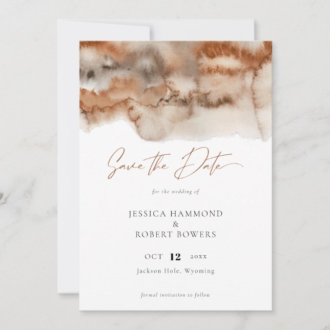 Elegant Terracotta Watercolor Calligraphy  Save The Date (Front)
