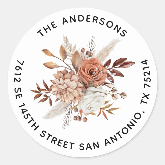 Elegant Terracotta Watercolor Floral  Classic Round Sticker (Front)