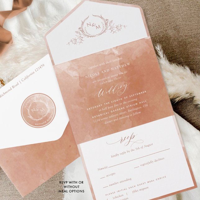 Elegant Terracotta Watercolor Monogram Wedding All In One Invitation (Creator Uploaded)