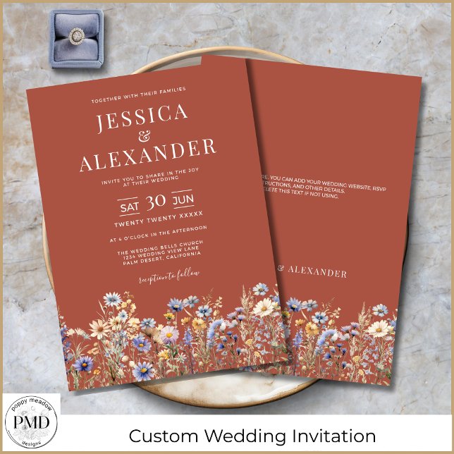 Elegant Terracotta Watercolor Wildflowers Wedding Invitation (Elegant Terracotta Wildflowers Wedding Invitation with Dusty Blue Flowers, Details on Back.)