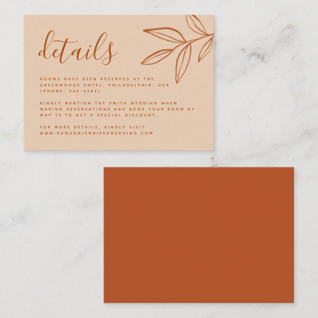 Elegant Terracotta with Leaves Boho Wedding Detail Enclosure Card (Front/Back)