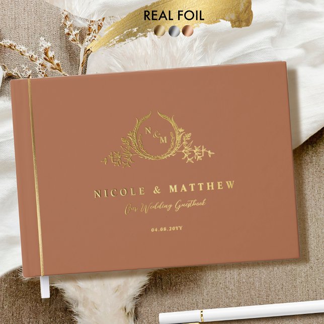 Elegant Terracotta with Real Foil Monogram Wedding Guest Book (Creator Uploaded)