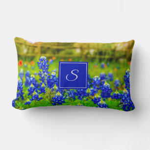 Elegant Texas Bluebonnets Blue Floral Monogram Lumbar Cushion