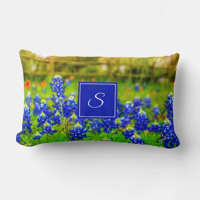 Elegant Texas Bluebonnets Blue Floral Monogram Lumbar Cushion (Front)