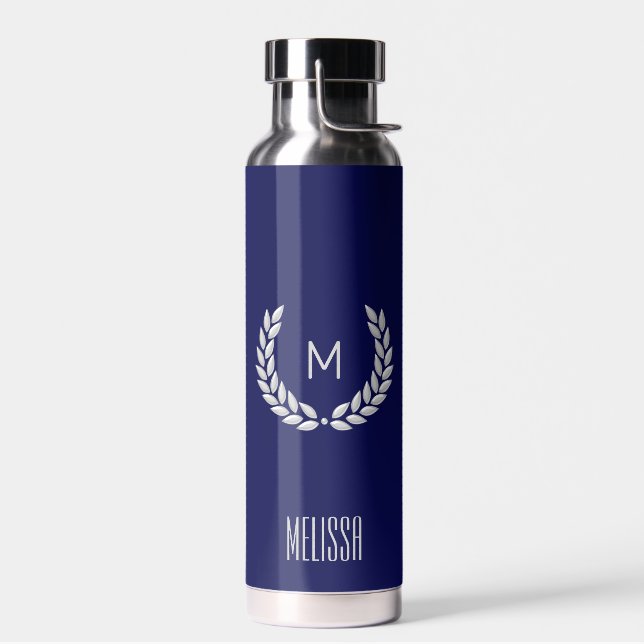 Elegant Text, Monogram and Silver Laurel Wreath Water Bottle (Left)