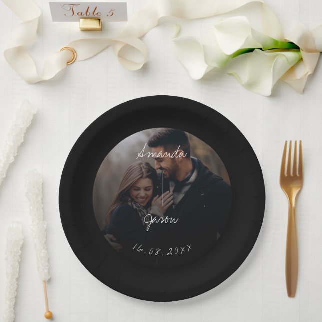 Elegant Text Overlay Script Photo Wedding Party  Paper Plate (Wedding)