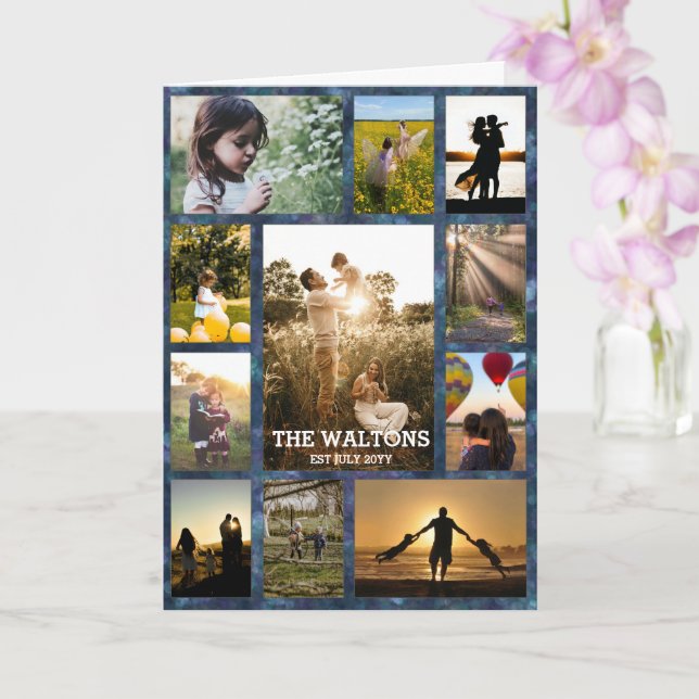 Elegant Textured Blue Frame Family Photo Collage Card (Orchid)