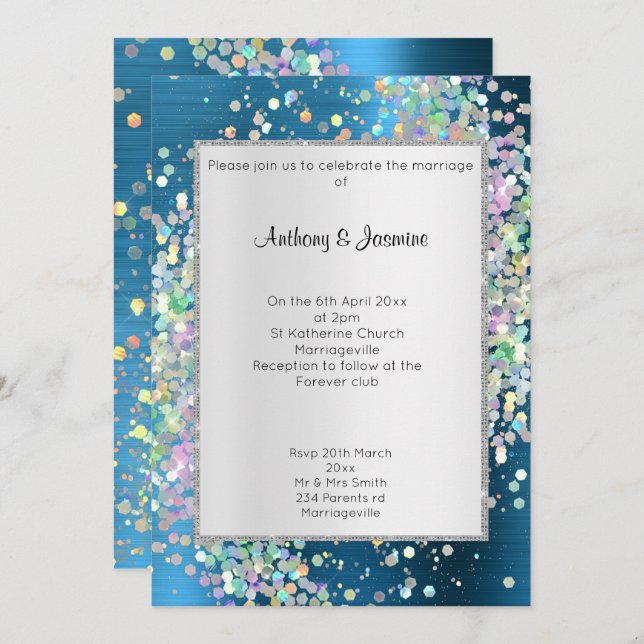 ELEGANT TEXTURED BLUE HOLOGRAPHIC PASTEL WEDDING INVITATION (Front/Back)