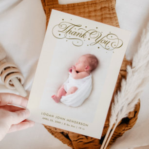 Elegant Thank You Calligraphy Beige Birth Announcement