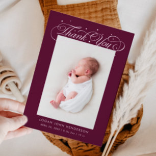 Elegant Thank You Calligraphy Cranberry Birth Announcement