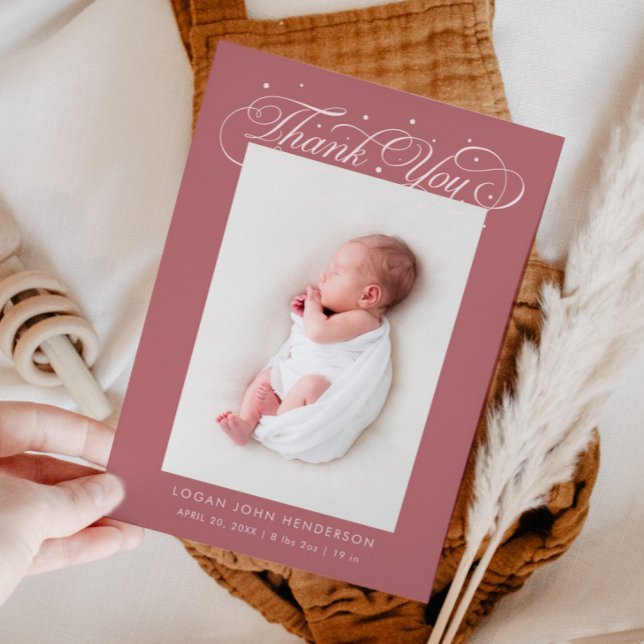 Elegant Thank You Calligraphy Pink Birth Announcement (Creator Uploaded)