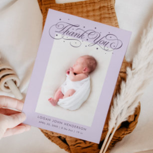 Elegant Thank You Calligraphy Purple Birth Announcement