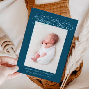 Elegant Thank You Calligraphy Teal Birth Announcement