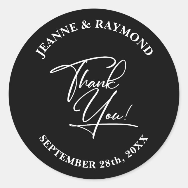 Elegant Thank You Calligraphy Wedding Black Classic Round Sticker (Front)