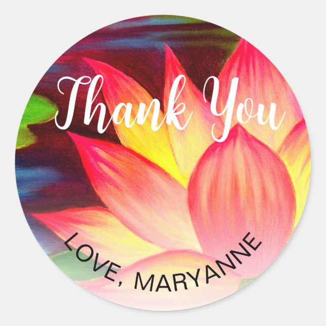 Elegant Thank You Floral Blush Pink Lotus Name Classic Round Sticker (Front)