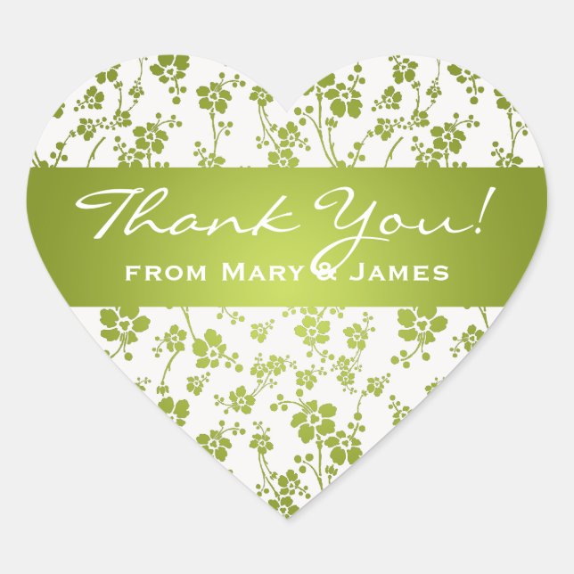 Elegant  Thank you Floral Pattern Lime Green Heart Sticker (Front)