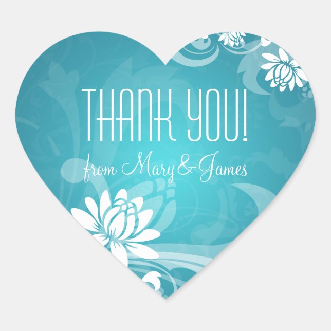 Elegant  Thank you  Floral Swirls Blue Heart Sticker (Front)