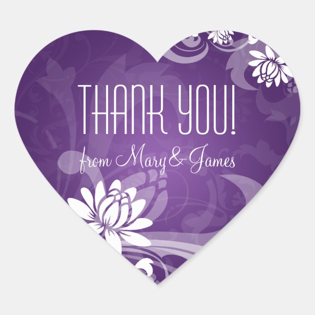 Elegant  Thank you  Floral Swirls Purple Heart Sticker (Front)