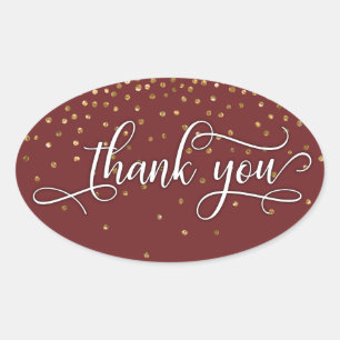 Elegant Thank You, Gold Confetti on Burgundy Oval Sticker